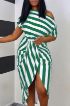 Green Sexy Casual Striped Print Patchwork Slit Oblique Collar Irregular Dress Dresses