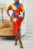 Red Sexy Casual Striped Print Patchwork Slit Oblique Collar Irregular Dress Dresses