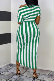 Red Sexy Casual Striped Print Patchwork Slit Oblique Collar Irregular Dress Dresses