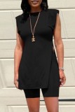 Orange Red Casual Solid Slit O Neck Sleeveless Two Pieces