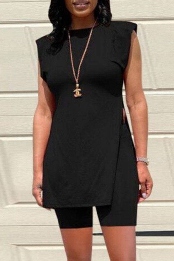 Black Casual Solid Slit O Neck Sleeveless Two Pieces