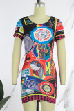 Colour Casual Print Basic O Neck Short Sleeve Dress
