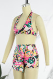 Colour Sexy Print Backless Halter Sleeveless Two Pieces