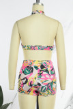Colour Sexy Print Backless Halter Sleeveless Two Pieces