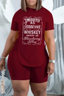 Burgundy Casual Letter Print Frenulum O Neck Short Sleeve Two Pieces