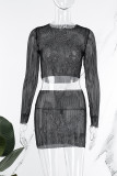 White Sexy Solid See-through O Neck Long Sleeve Two Pieces