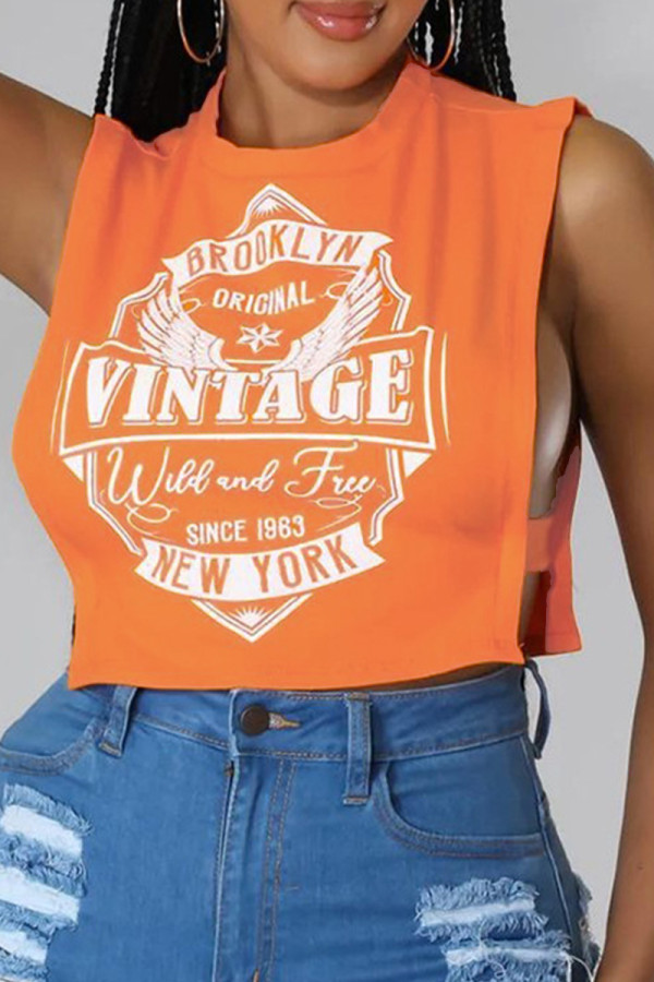 Orange Casual Print Hollowed Out Patchwork O Neck T-Shirts