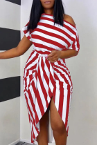 Red Sexy Casual Striped Print Patchwork Slit Oblique Collar Irregular Dress Dresses