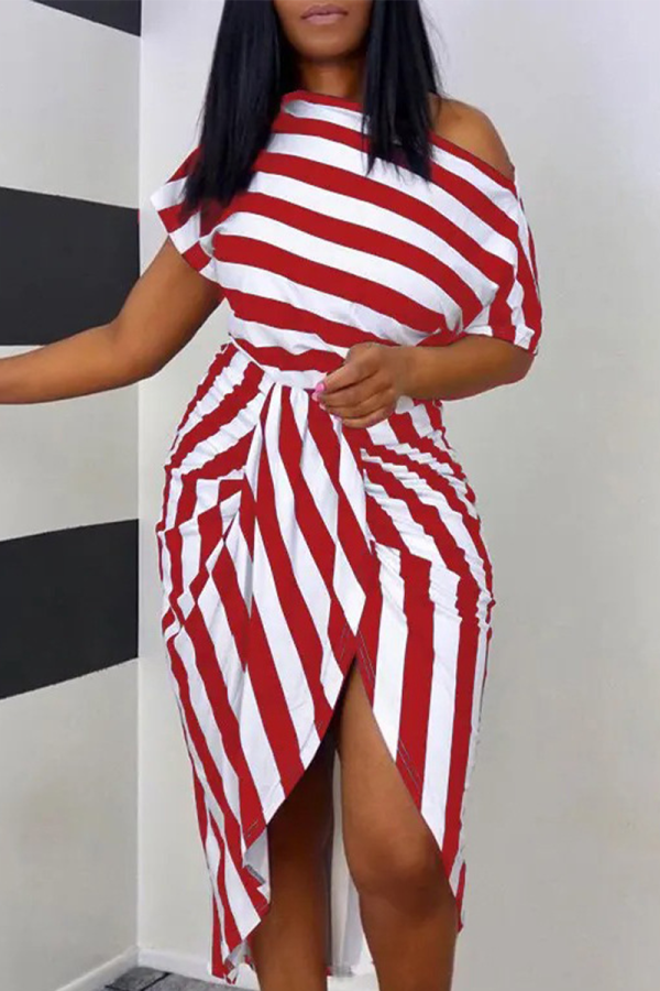 Red Sexy Casual Striped Print Patchwork Slit Oblique Collar Irregular Dress Dresses