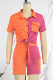 Blue Casual Patchwork Contrast Shirt Collar Short Sleeve Two Pieces