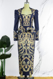Blue Casual Print Patchwork Slit Square Collar One Step Skirt Dresses