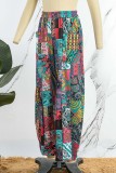 Multicolor Casual Print Patchwork Pocket Regular High Waist Conventional Full Print Trousers