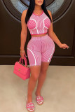 Pink Street Sportswear Striped Contrast O Neck Sleeveless Two Pieces
