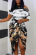 White Brown Sexy Casual Striped Print Patchwork Slit Oblique Collar Irregular Dress Dresses