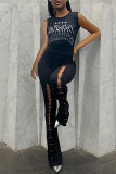 Black Street Print Hollowed Out Patchwork O Neck Boot Cut Jumpsuits