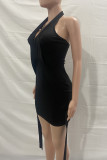 Black Sexy Street Solid Patchwork Backless Halter One Step Skirt Dresses