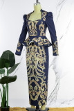 Blue Casual Print Patchwork Slit Square Collar One Step Skirt Dresses
