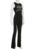 Black Street Print Hollowed Out Patchwork O Neck Boot Cut Jumpsuits