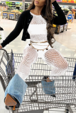 White Sexy Street Solid Patchwork See-through O Neck Long Sleeve Two Pieces