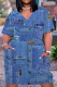 Blue Casual Street Vintage Print Make Old Pocket V Neck A Line Plus Size Dresses