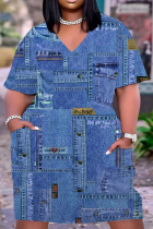Blue Casual Street Vintage Print Make Old Pocket V Neck A Line Plus Size Dresses