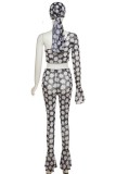 Black Sexy Casual Print Backless Oblique Collar Long Sleeve Three Piece Set (With Headscarf)