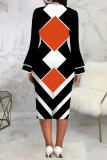 Blue Casual Print Patchwork O Neck One Step Skirt Dresses