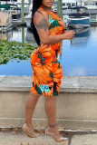 Orange Sexy Casual Celebrities Floral Frenulum V Neck One Step Skirt Dresses(With Belt)