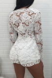 White Sexy Street Solid Lace Hollowed Out Patchwork V Neck Two Pieces