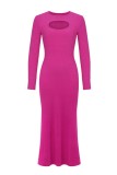 Rose Red Casual Solid Hollowed Out O Neck Long Sleeve Dresses