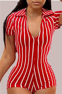 Red Sexy Casual Street Striped Turndown Collar Skinny Jumpsuits