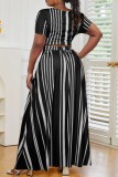 Green Casual Striped Print Bandage O Neck Short Sleeve Dress Plus Size Two Pieces