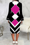 Blue Casual Print Patchwork O Neck One Step Skirt Dresses