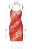 Orange Sexy Casual Print Backless Halter Sleeveless Dress Dresses