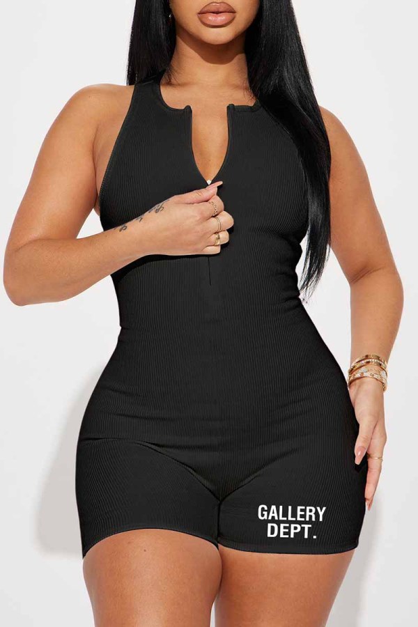 Black Sportswear Print Letter Zipper Collar Rompers