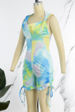 Cyan Casual Print Tie Dye Patchwork Backless Hooded Collar Skinny Rompers