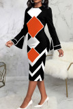 Blue Casual Print Patchwork O Neck One Step Skirt Dresses