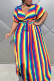 Rainbow Color Fashion Casual Striped Print Bandage V Neck Plus Size Two Pieces
