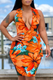 Orange Sexy Casual Celebrities Floral Frenulum V Neck One Step Skirt Dresses(With Belt)