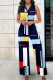 Tibetan Blue Casual Geometric Print Patchwork Buckle Turndown Collar Straight Jumpsuits
