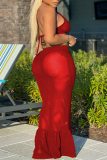 Red Sexy Party Solid Patchwork See-through Mesh Halter Sleeveless Two Pieces