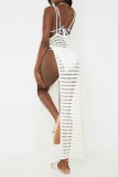 White Sexy Solid Hollowed Out See-through Slit O Neck Beach Dress Dresses