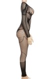 Black Sexy Solid See-through O Neck Skinny Jumpsuits