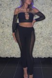 Black Sexy Casual Solid Hollowed Out Backless Off the Shoulder Long Sleeve Two Pieces