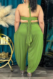 Green Yellow Sexy Solid Bandage Patchwork Backless Asymmetrical Halter Plus Size Two Pieces