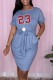 Gray Blue Casual Print Basic O Neck Short Sleeve Dress