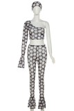 Black Sexy Casual Print Backless Oblique Collar Long Sleeve Three Piece Set (With Headscarf)
