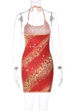 Orange Sexy Casual Print Backless Halter Sleeveless Dress Dresses