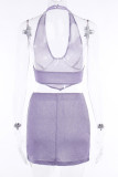 Silver Sexy Solid Patchwork Asymmetrical Halter Sleeveless Two Pieces