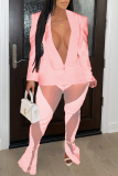 Pink Sexy Casual Street Solid Patchwork Slit Mesh V Neck Long Sleeve Two Pieces